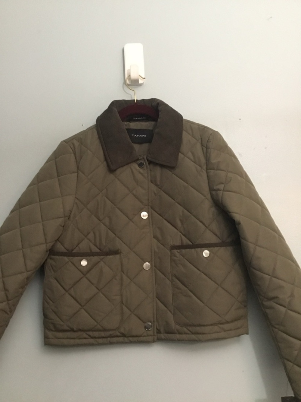 Tahari Quilted Olive Green Jacket with Corduroy Collar size XS